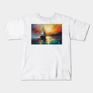 Seascape with a lonely sailboat at sunset. Kids T-Shirt